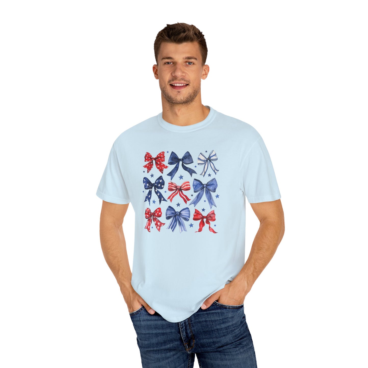 Patriotic Bow T-Shirt, Unisex Tee for Fourth of July, Birthday, Summer Gatherings, Casual Weekend Wear, Gift Idea