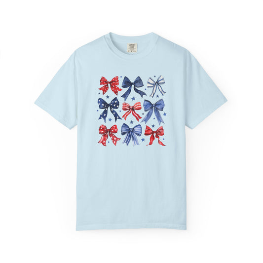 Patriotic Bow T-Shirt, Unisex Tee for Fourth of July, Birthday, Summer Gatherings, Casual Weekend Wear, Gift Idea