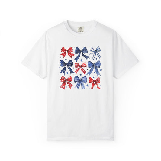 Patriotic Bow T-Shirt, Unisex Tee for Fourth of July, Birthday, Summer Gatherings, Casual Weekend Wear, Gift Idea